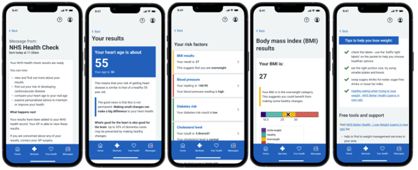 Screenshot sequence of an NHS Health Check mobile app showing health results, risk factors, BMI results and weight-loss advice across five smartphone screens.